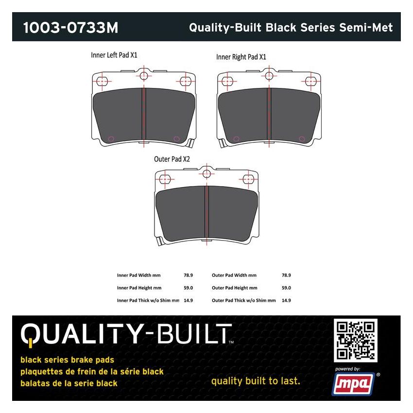 MPA 1003-0733M Quality-Built Black Series Semi-Metallic Brake Pads w/ Hardware