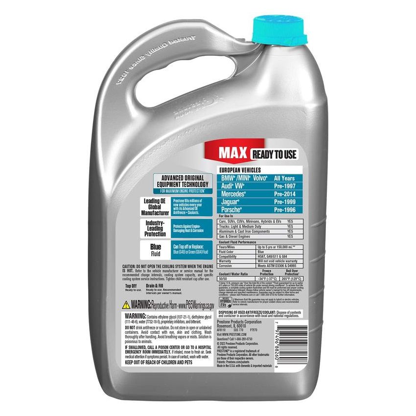 Prestone AF6110 Prestone MAX Original Equipment Antifreeze+Coolant. Euro Blue, 50/50 RTU, 1 Gal
