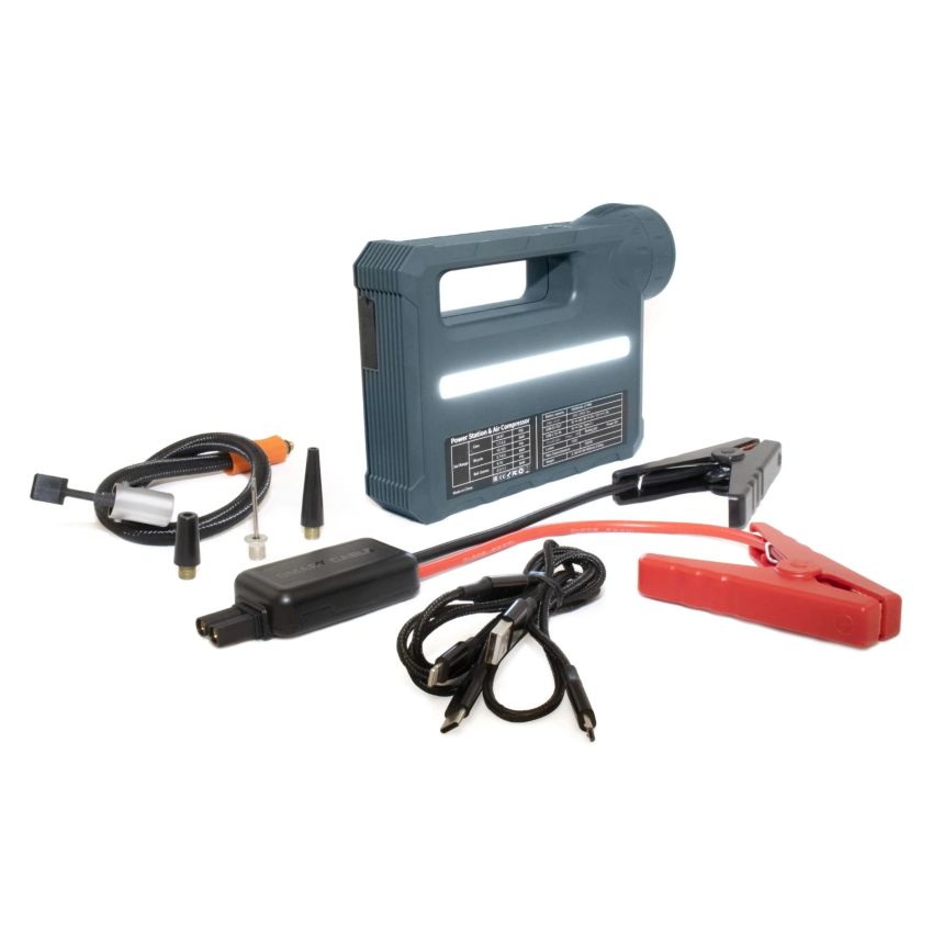 FORTLUFT JS002 Portable Power Station Jump Starter & Air Compressor: 1000 Peak/400 Instant Amps- 150 PSI Digital Air Compressor - USB Port - LED Flashlight - Battery Clamps