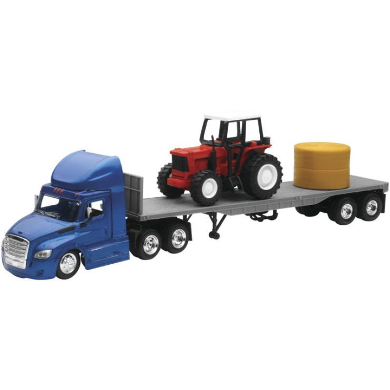 New Ray Toys 16083 Freightliner Cascadia Flatbed with Farm Tractor and Round Hay Bale/ Scale - 1:43