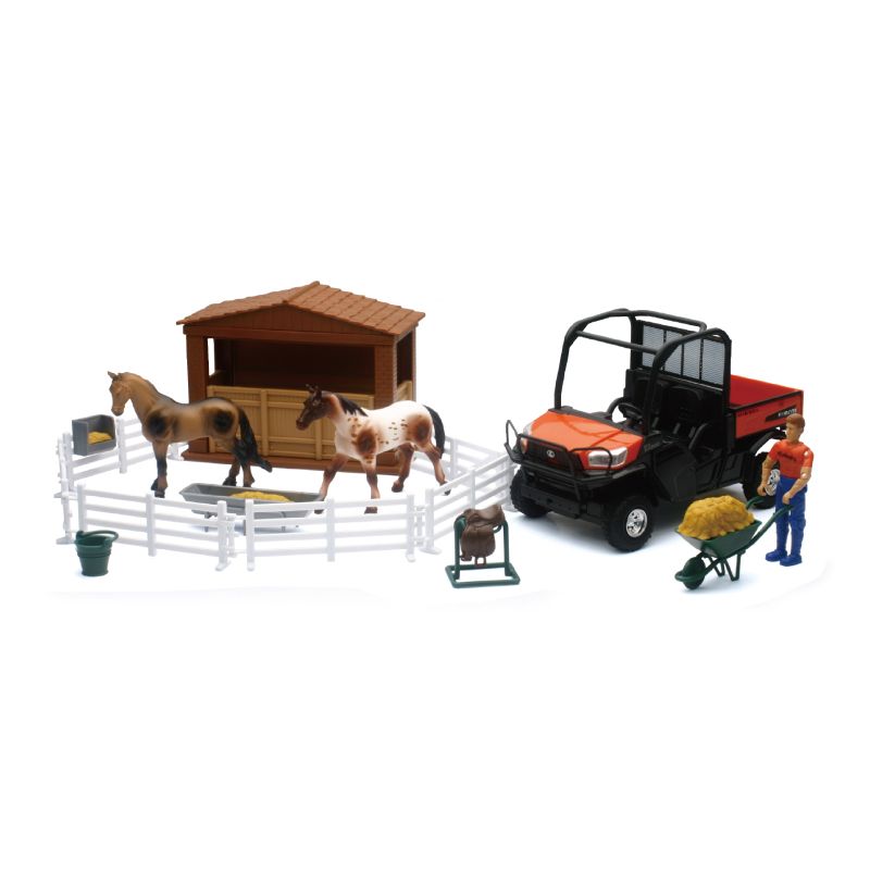 New Ray Toys SS-33343 Kubota RTV-X1120D Playset with Figurine, Barn and Horses/ Scale - 1:18