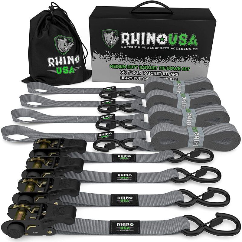 Rhino USA RCHT-4PACK-GRY Medium Duty Ratchet Strap Tie-Down 4-Pack (Gray)