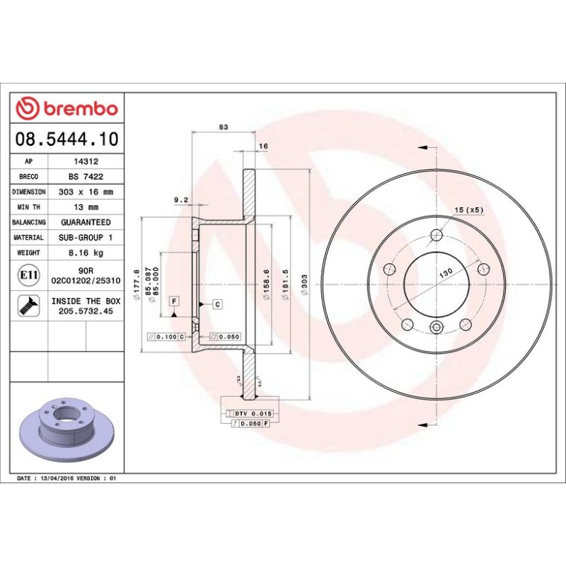 Brembo 08.5444.10 Brembo Solid Standard Rotor