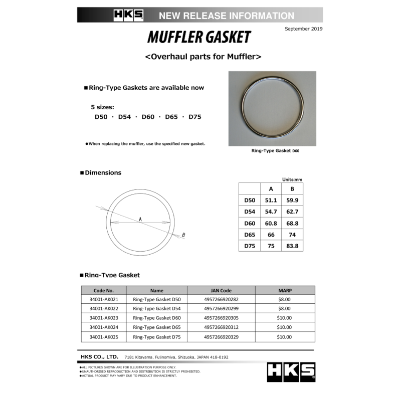 HKS Muffler Gasket 51.1mm ID 59.9mm OD