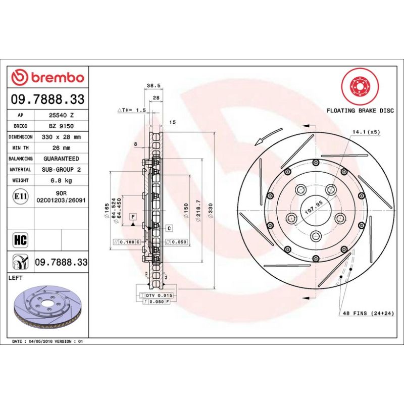 Brembo 09.7888.33 Premium Floating Two Piece UV Coated Vented Drilled And Slotted Brake Rotor