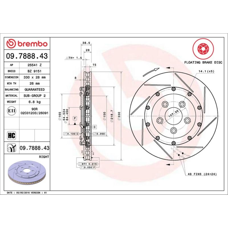 Brembo 09.7888.43 Premium Floating Two Piece UV Coated Vented Drilled And Slotted Brake Rotor