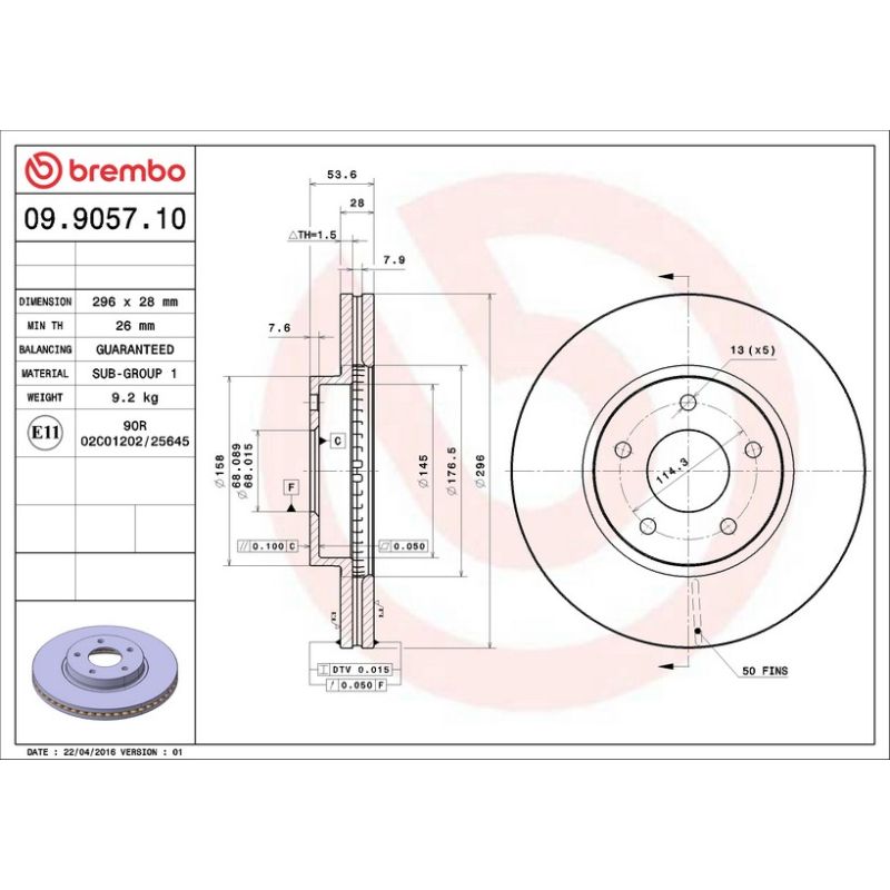 Brembo 09.9057.10 Premium Vented Brake Rotor