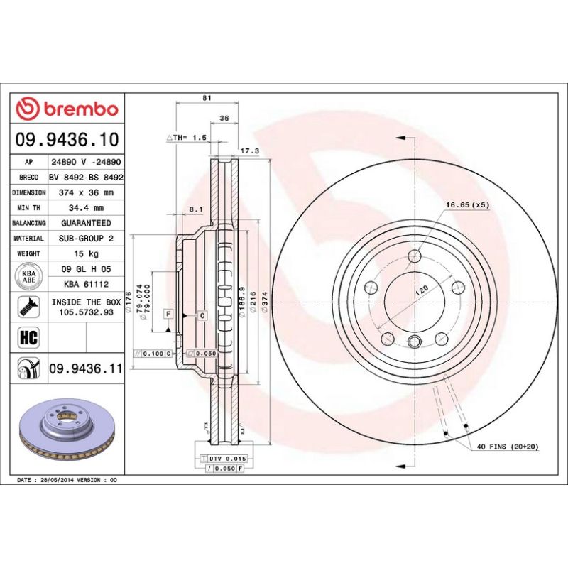 Brembo 09.9436.10 Premium Vented Brake Rotor