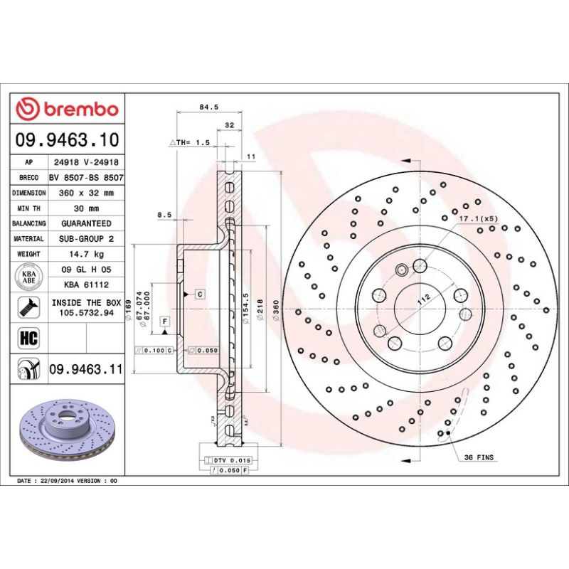 Brembo 09.9463.10 Premium Vented Brake Rotor