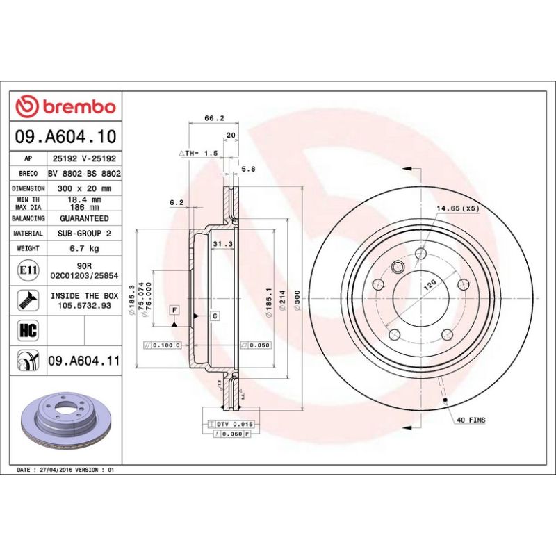 Brembo 09.A604.10 Premium Vented Brake Rotor