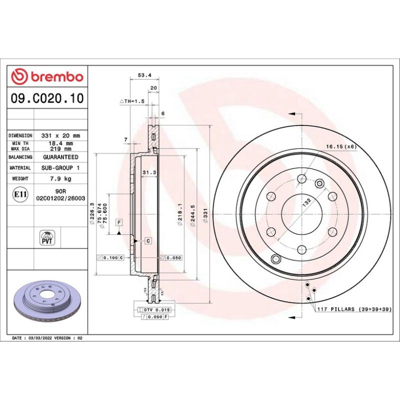 Brembo 09.C020.10 Premium Vented Brake Rotor