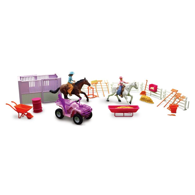 New Ray Toys SS-37105B Valley Ranch Set with Pink ATV, Figurines and Horses