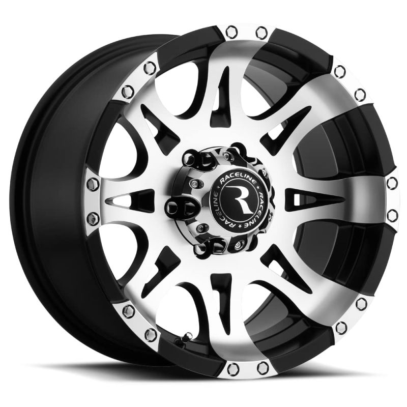 Raceline 982 Raptor 18x9in / 6x135 BP / 25mm Offset / 87.1mm Bore - Black & Machined Wheel