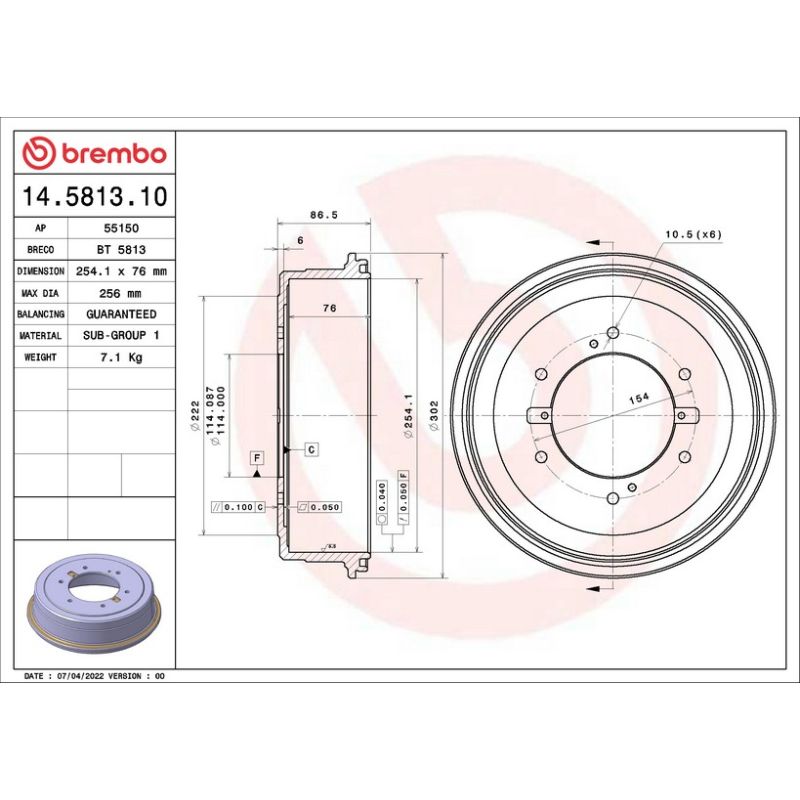 Brembo 14.5813.10 Premium OE Equivalent Brake Drum
