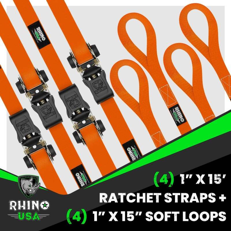 Rhino USA RCHT-4PACK-ORG Medium Duty Ratchet Strap Tie-Down 4-Pack (Orange)