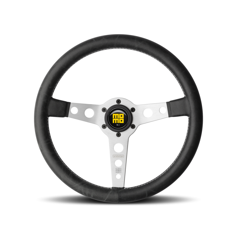 MOMO PRH35BK0S Prototipo Steering Wheel 350 mm - Black Leather/White Stitch/Brshd Spokes