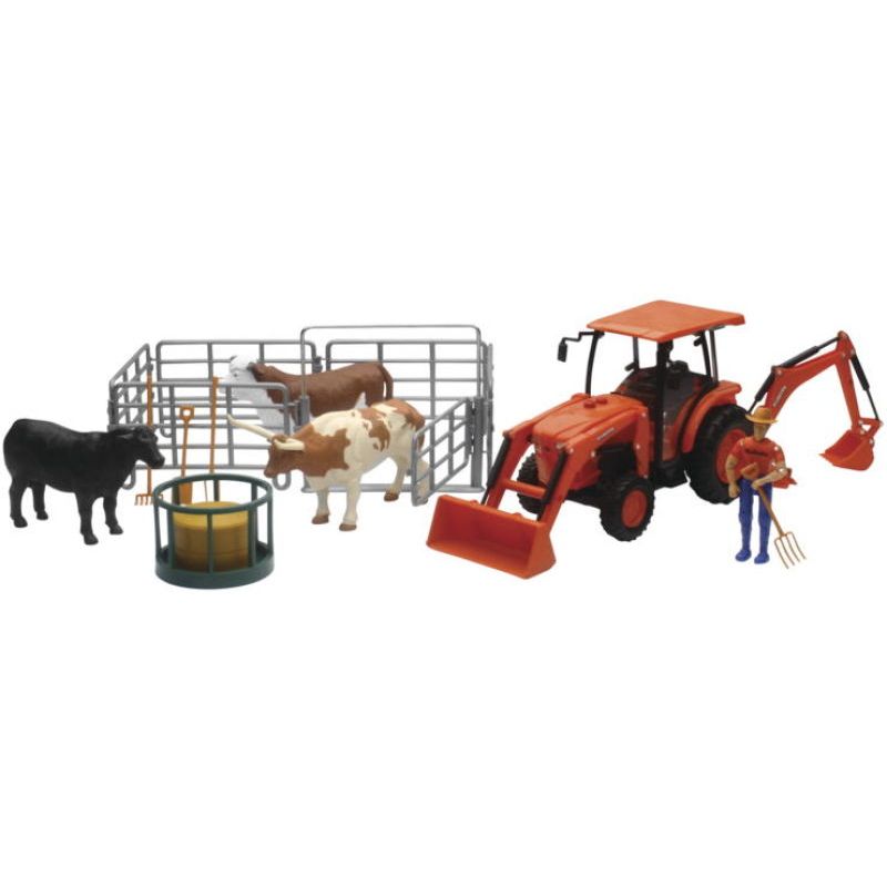 New Ray Toys SS-33313 Kubota Tractor with Figurine, Animals and Fence/ Scale - 1:18