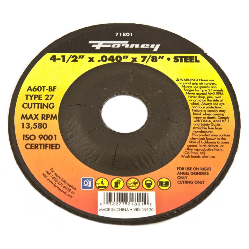 Forney 71801 Cut-Off Wheel with 7/8-Inch Arbor, Metal Type 27, A60T-BF, 4-1/2-Inch-by-0.040-Inch