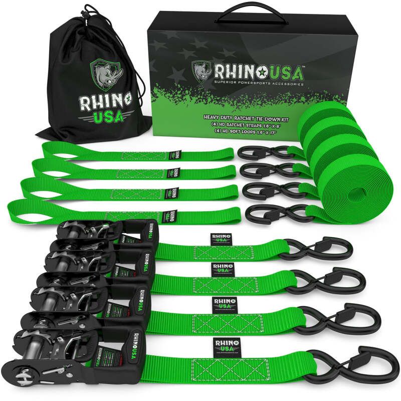 Rhino USA TD-GC1.6X15-GRN Heavy Duty Ratchet Tie-Down 4-Pack Green 1.6In X 15Ft