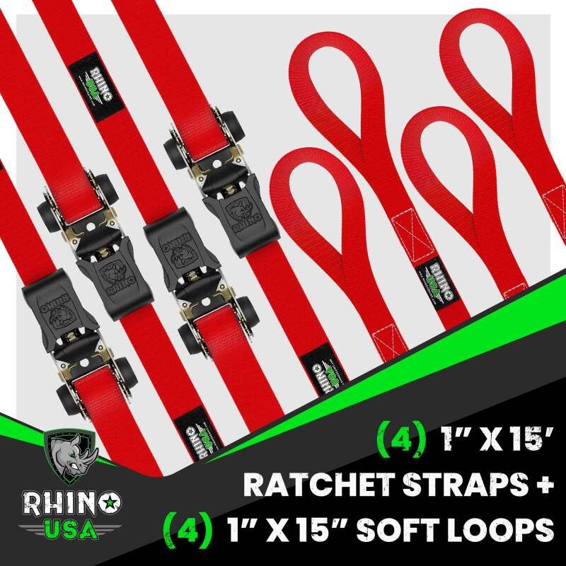 Rhino USA RCHT-4PACK-RED Medium Duty Ratchet Strap Tie-Down 4-Pack (Red)
