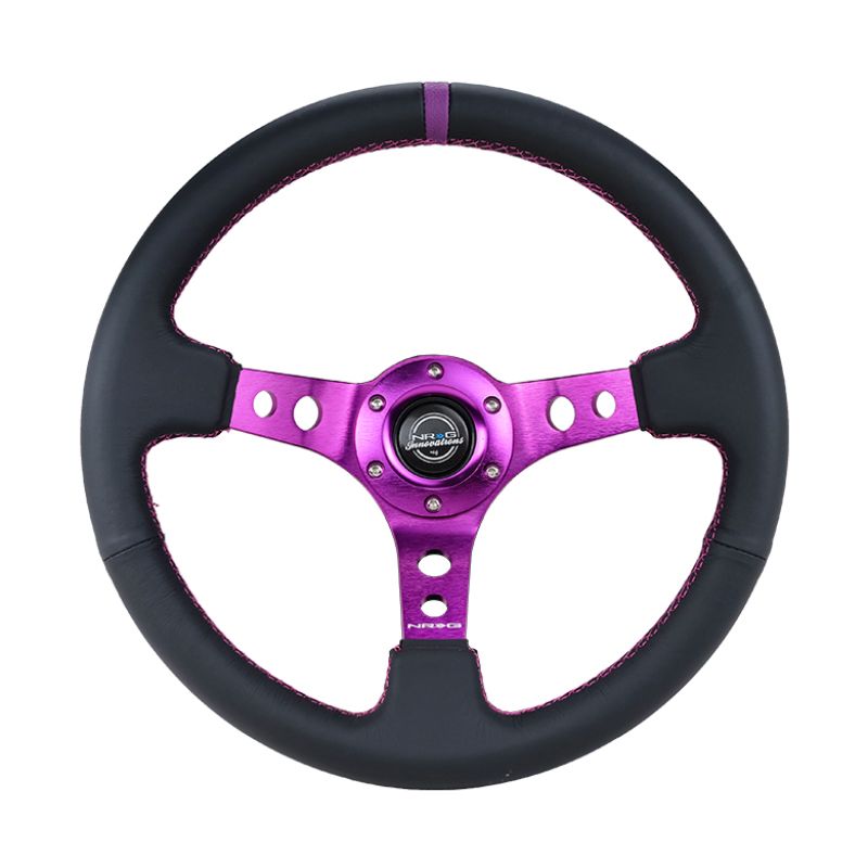 NRG RST-006PP Reinforced Steering Wheel (350mm / 3in. Deep) Black Leather w/Purple Center & Purple Stitching