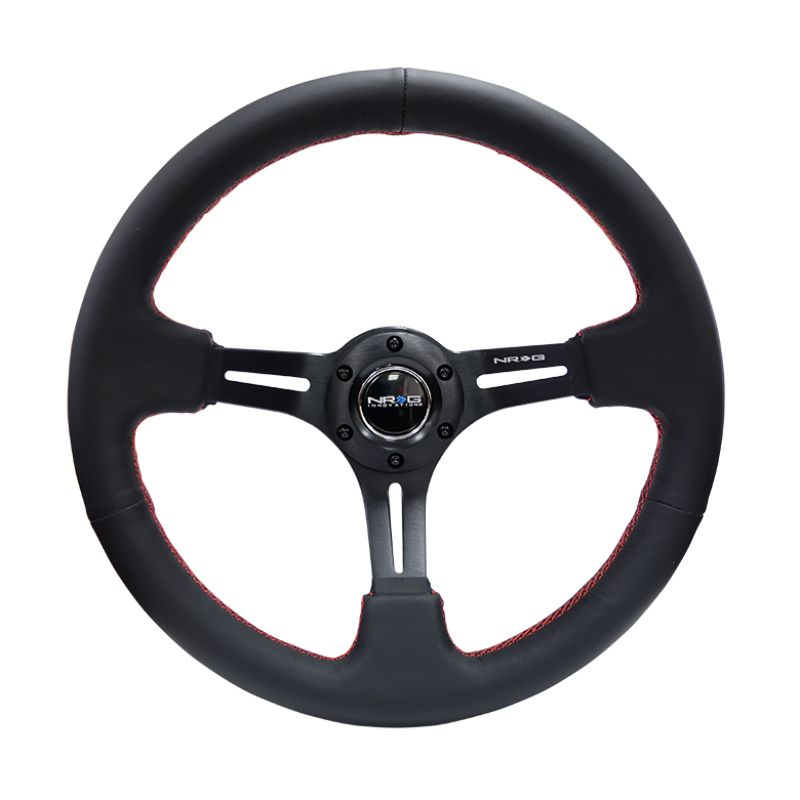 NRG Reinforced Steering Wheel (350mm / 3in. Deep) Black Leather/Red Stitch & Blk 3-Spoke w/Slits