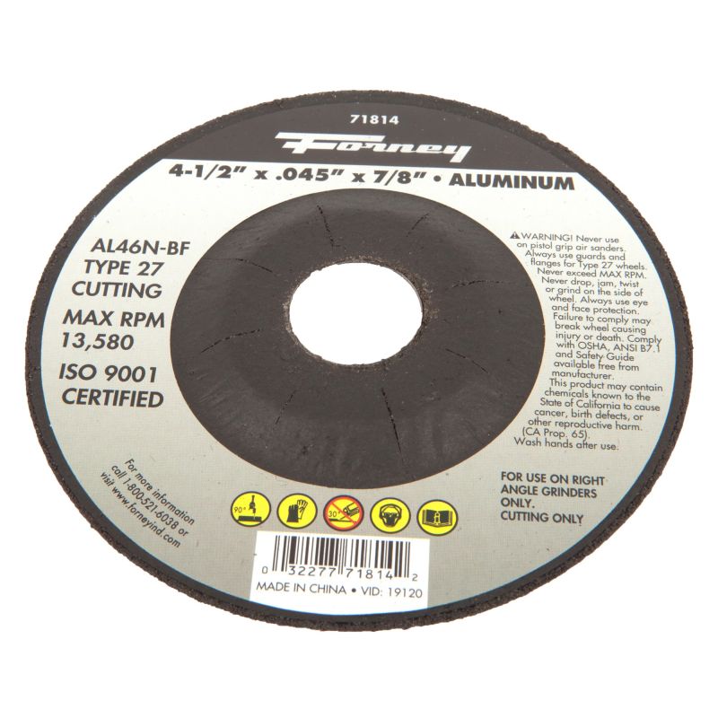 Forney 71814 Cut-Off Wheel with 7/8-Inch Arbor, Aluminum Type 27, AL46N-BF, 4-1/2-Inch-by-0.45-Inch