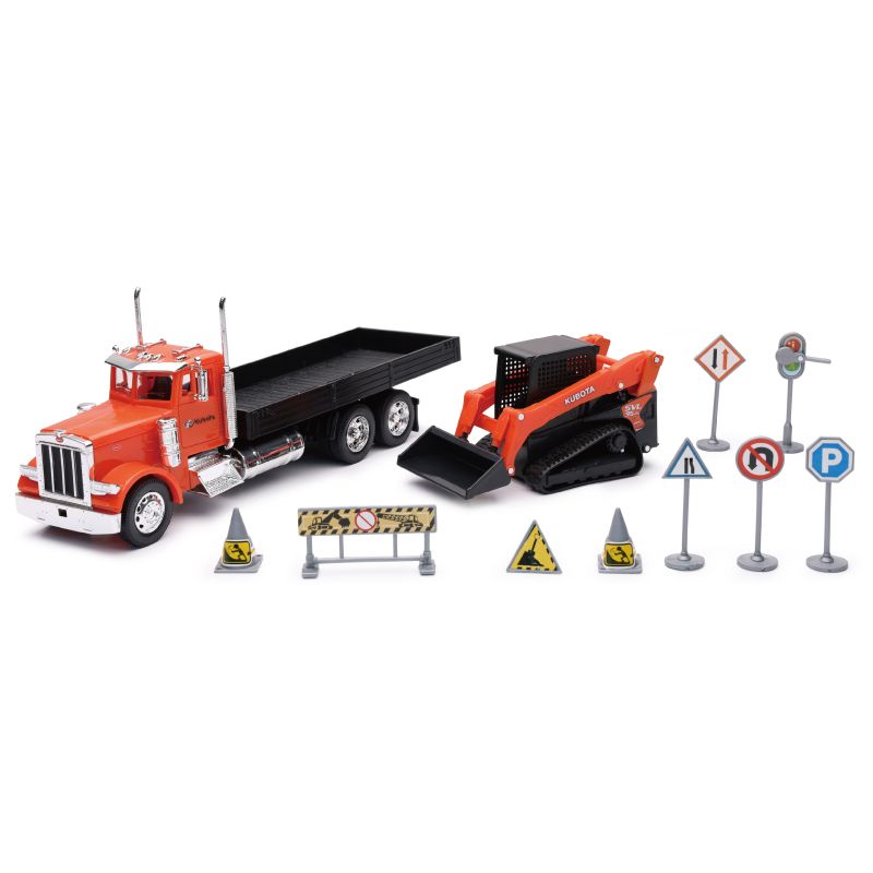 New Ray Toys SS-34023A Peterbilt 379 Flatbed Truck Roadwork Playset/ Scale - 1:32