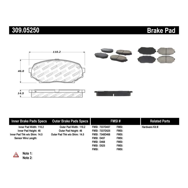 Stoptech 309.05250 Performance 90-93 Mazda Miata Front Brake Pads D525