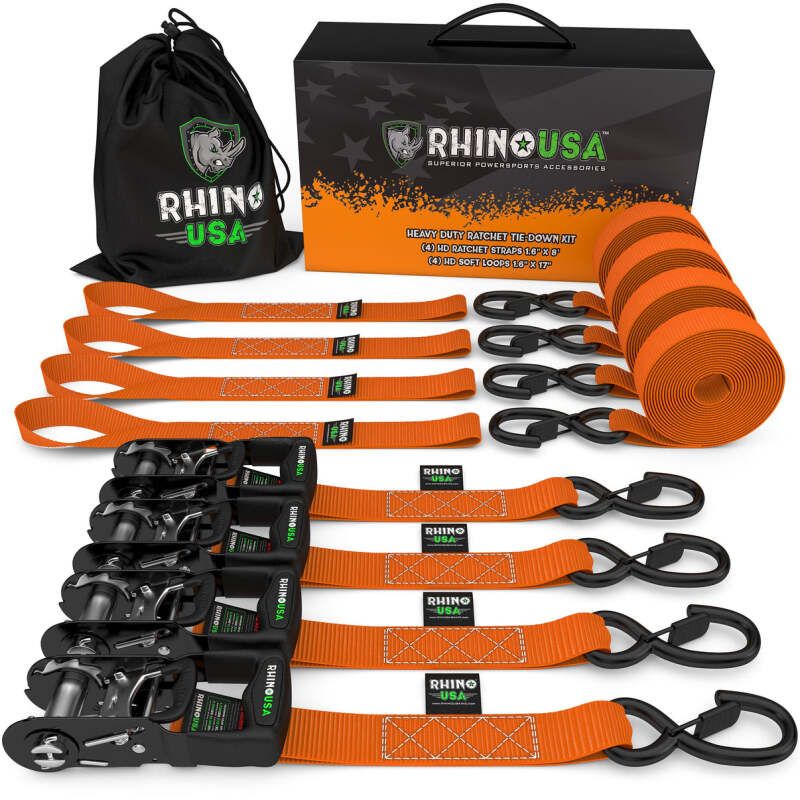 Rhino USA HDKIT-4PK-ORG Heavy Duty Ratchet Tie-Down 4-Pack (Orange) 1.6In X 8Ft