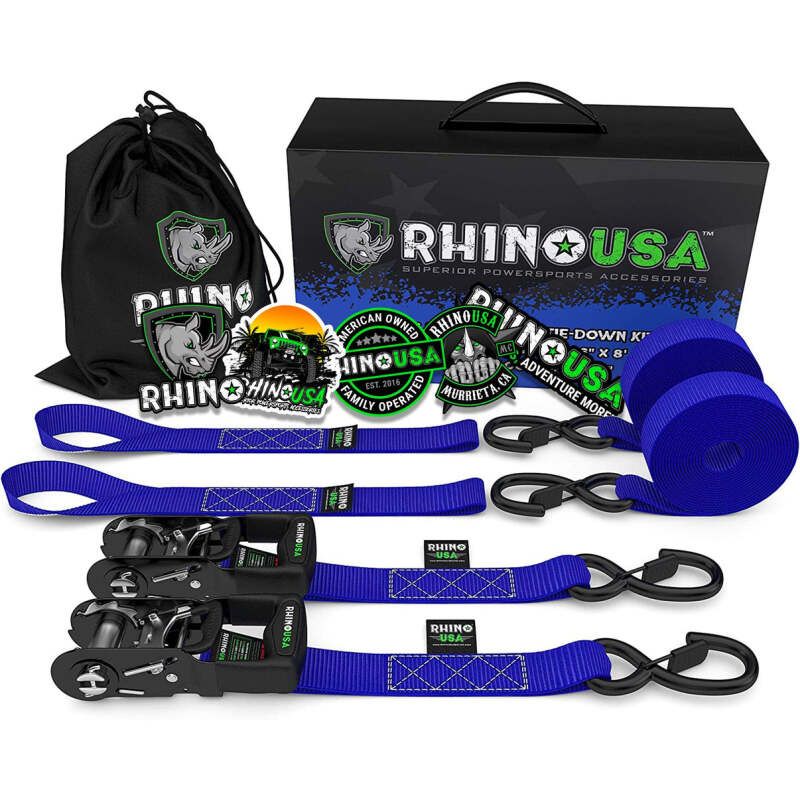 Rhino USA HDKIT-2PK-BLU Heavy Duty Ratchet Tie-Downs 2-Pack (Blue) 1.6In X 8Ft