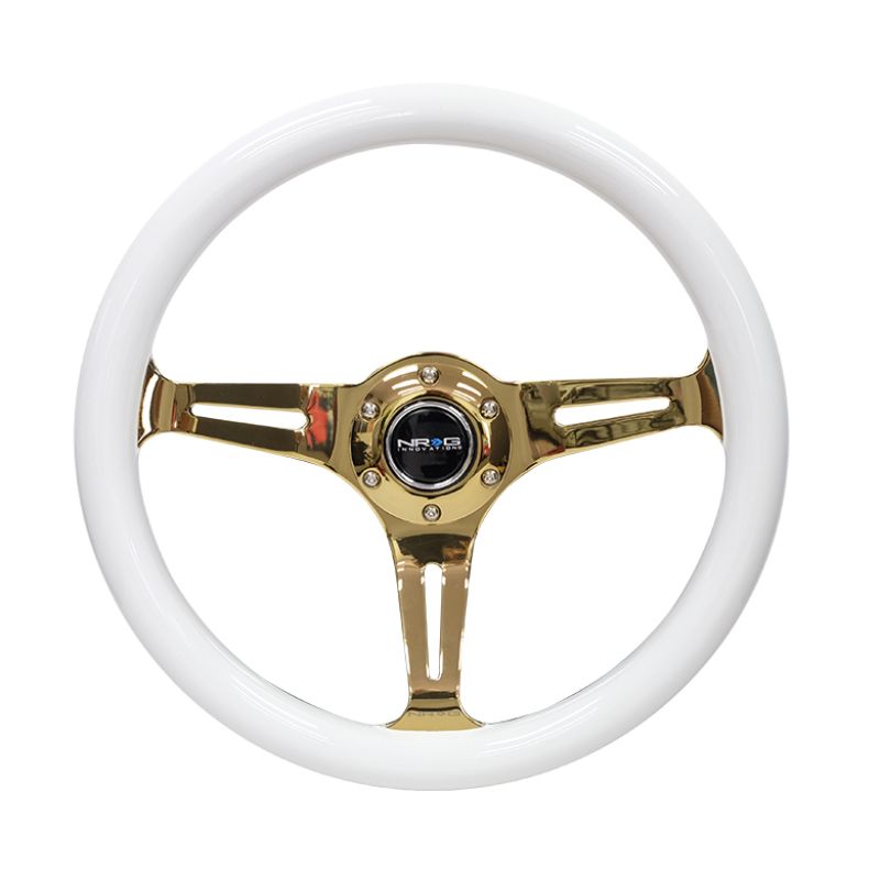 NRG Classic Wood Grain Steering Wheel (350mm) White Grip w/Chrome Gold 3-Spoke Center