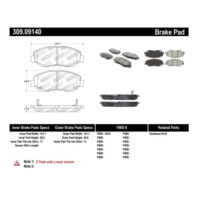 Stoptech 309.09140 Performance 03-10 Honda Accord / 02-06 CR-V / 03-08 Pilot Front Brake Pads