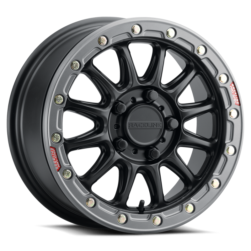 Raceline A14GR-57012+25 A14GR Alpha 15x7in/5x114.3 BP/25mm Offset/68mm Bore - Gunmetal & Red Ring Beadlock Wheel