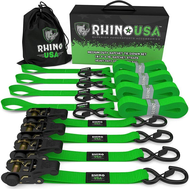 Rhino USA RCHT-4PACK-GRN Medium Duty Ratchet Strap Tie-Down 4-Pack (Green)