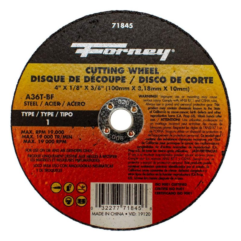 Forney 71845 Cut-Off Wheel with 3/8-Inch Arbor, Metal Type 1, A36T-BF, 4-Inch-by-1/8-Inch