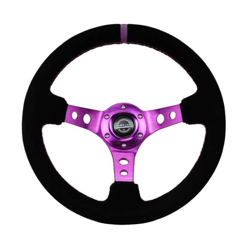 NRG RST-006S-PP Reinforced Steering Wheel (350mm / 3in. Deep) Black Suede w/Purple Center & Purple Stitching