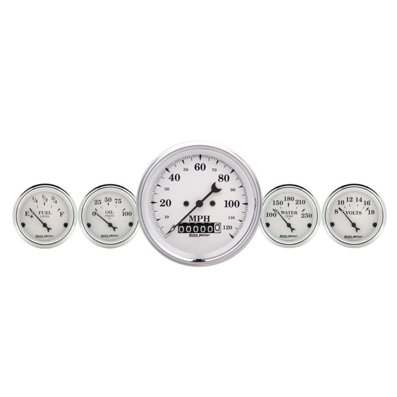 AutoMeter 1600 GAUGE KIT, 2 PC., QUAD & SPEEDOMETER, 3 3/8", OLD TYME WHITE