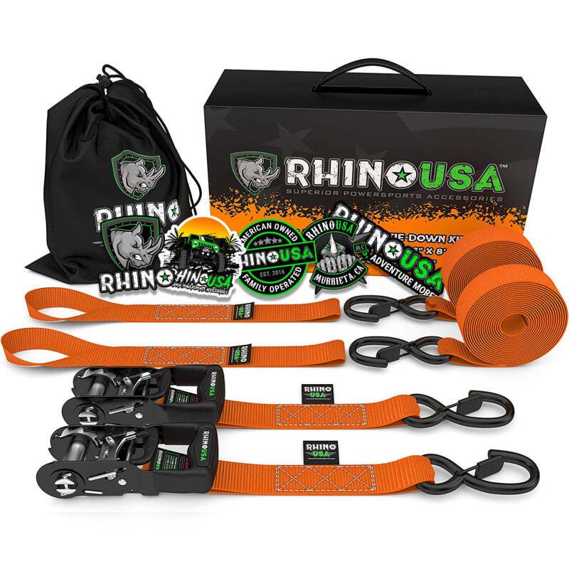 Rhino USA HDKIT-2PK-ORG Heavy Duty Ratchet Tie-Downs 2-Pack (Orange) 1.6In X 8Ft