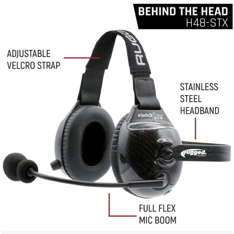 Rugged Radios H48-STX AlphaBass Carbon Fiber Headset for STEREO and OFFROAD Intercoms Behind The Head