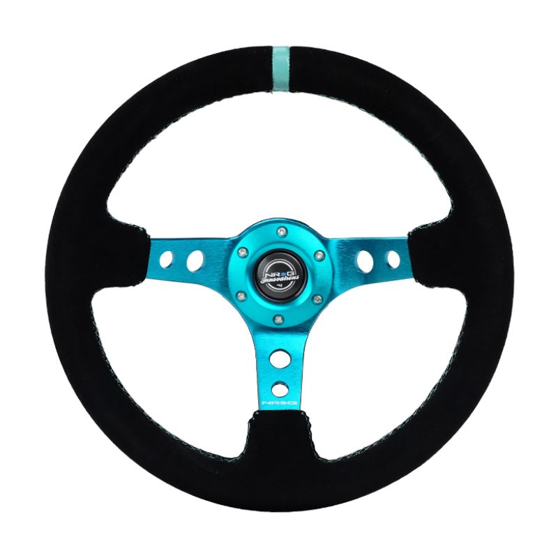 NRG RST-006S-TL Reinforced Steering Wheel (350mm/ 3in. Deep) Black Suede/ Teal Center Mark/ Teal Stitching