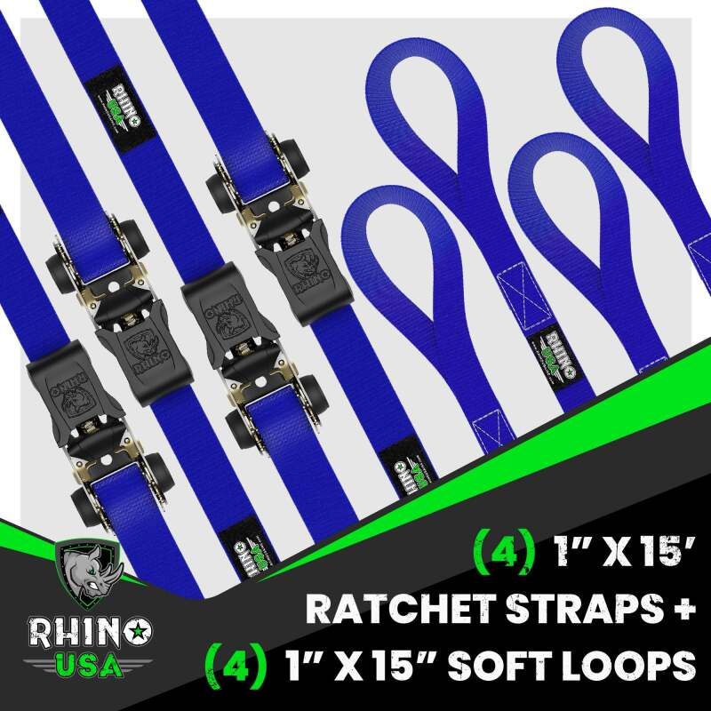 Rhino USA RCHT-4PACK-BLU Medium Duty Ratchet Strap Tie-Down 4-Pack (Blue)