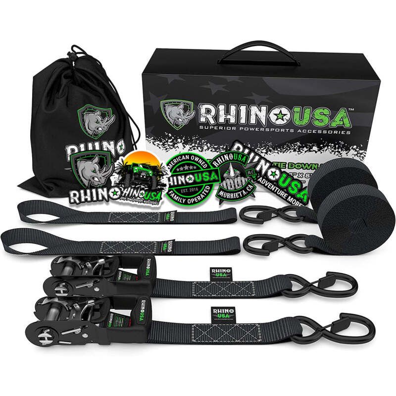 Rhino USA GRLA-TDWN-SET Heavy Duty Ratchet Tie-Downs 2-Pack (Black) 1.6In X 8Ft