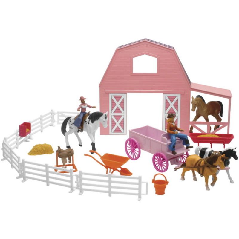 New Ray Toys SS-05786 Valley Ranch Set with Pink Barn, Horses, Cowgirls and Fences/ Scale 1:32