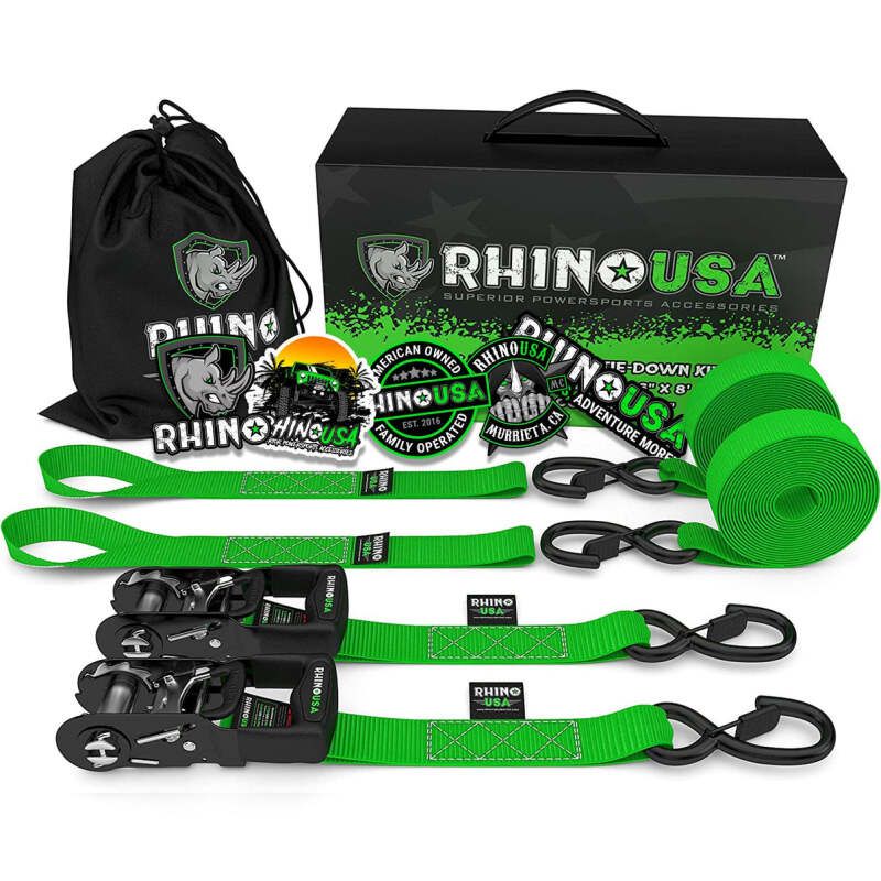 Rhino USA HDKIT-2PK-GRN Heavy Duty Ratchet Tie-Downs 2-Pack (Green) 1.6In X 8Ft