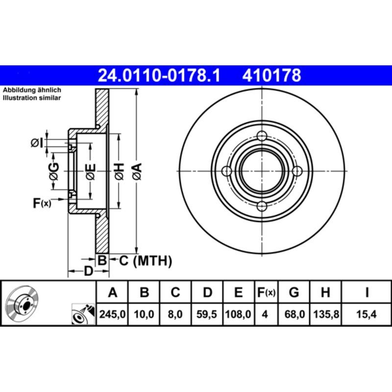 ATE 410178 ATE Original Rear Disc Brake Rotor 410178 for Audi