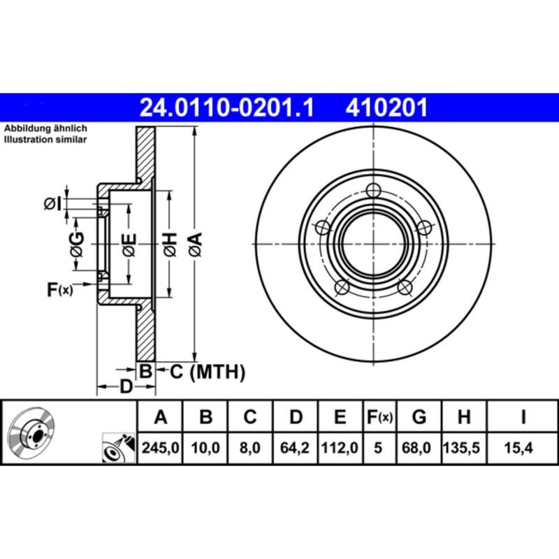 ATE 410201 ATE Original Rear Disc Brake Rotor 410201 for Audi, Volkswagen