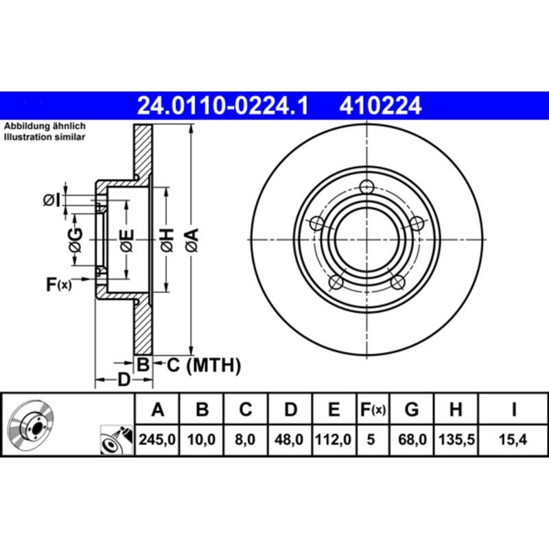 ATE 410224 ATE Original Rear Disc Brake Rotor 410224 for Audi, Volkswagen