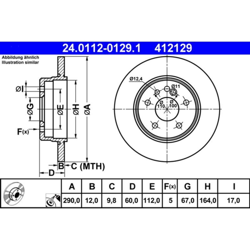 ATE 412129 ATE Original Rear Disc Brake Rotor 412129 for Mercedes Benz