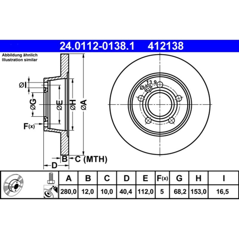 ATE 412138 ATE Original Rear Disc Brake Rotor 412138 for Volkswagen